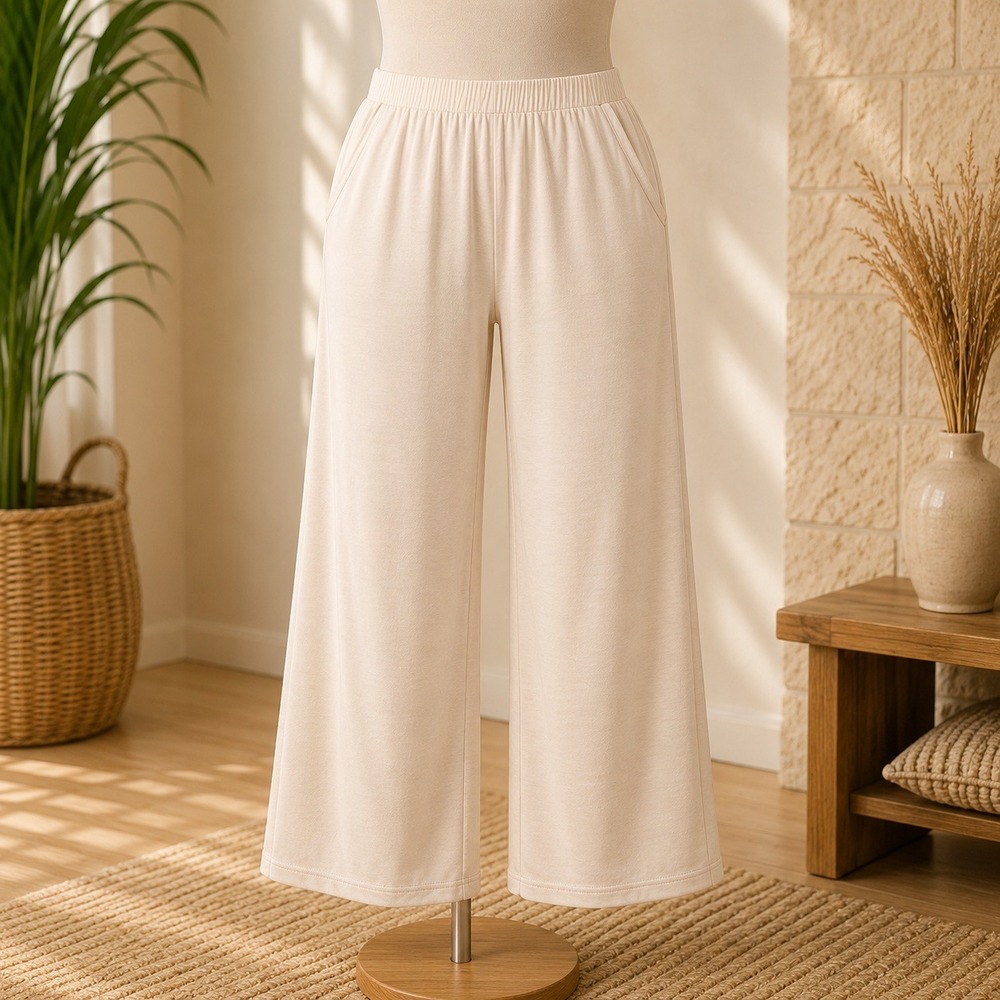 AnyBody Lounge Pants Womens XLT Cream Wide Leg Cropped French Terry Pockets